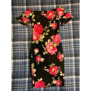 Premier Amour Womens Pink Rose‎ Floral Off Shoulder Sheath Dress Black Size 2